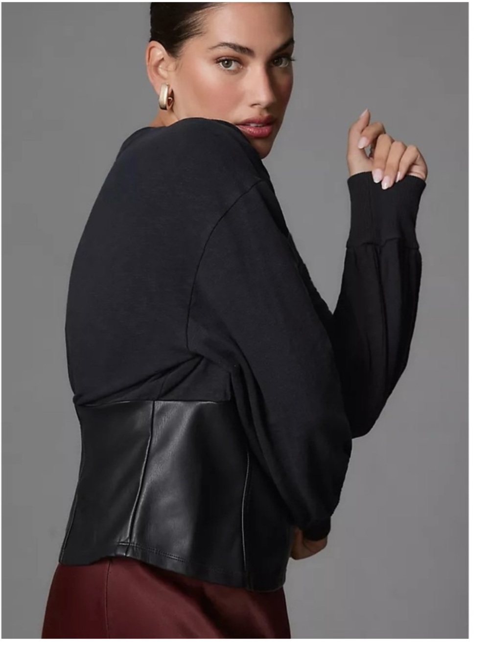Pilcro Anthropologie Faux Leather Corset Black Cotton Sweatshirt Top Medium - Picture 6 of 12
